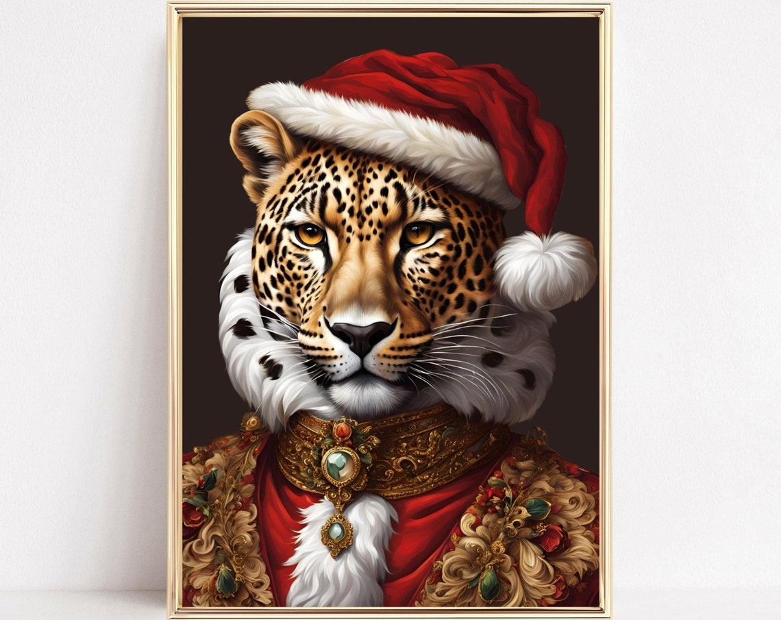 Leopard Santa Claus In Royal Red And Gold Christmas Outfit Poster