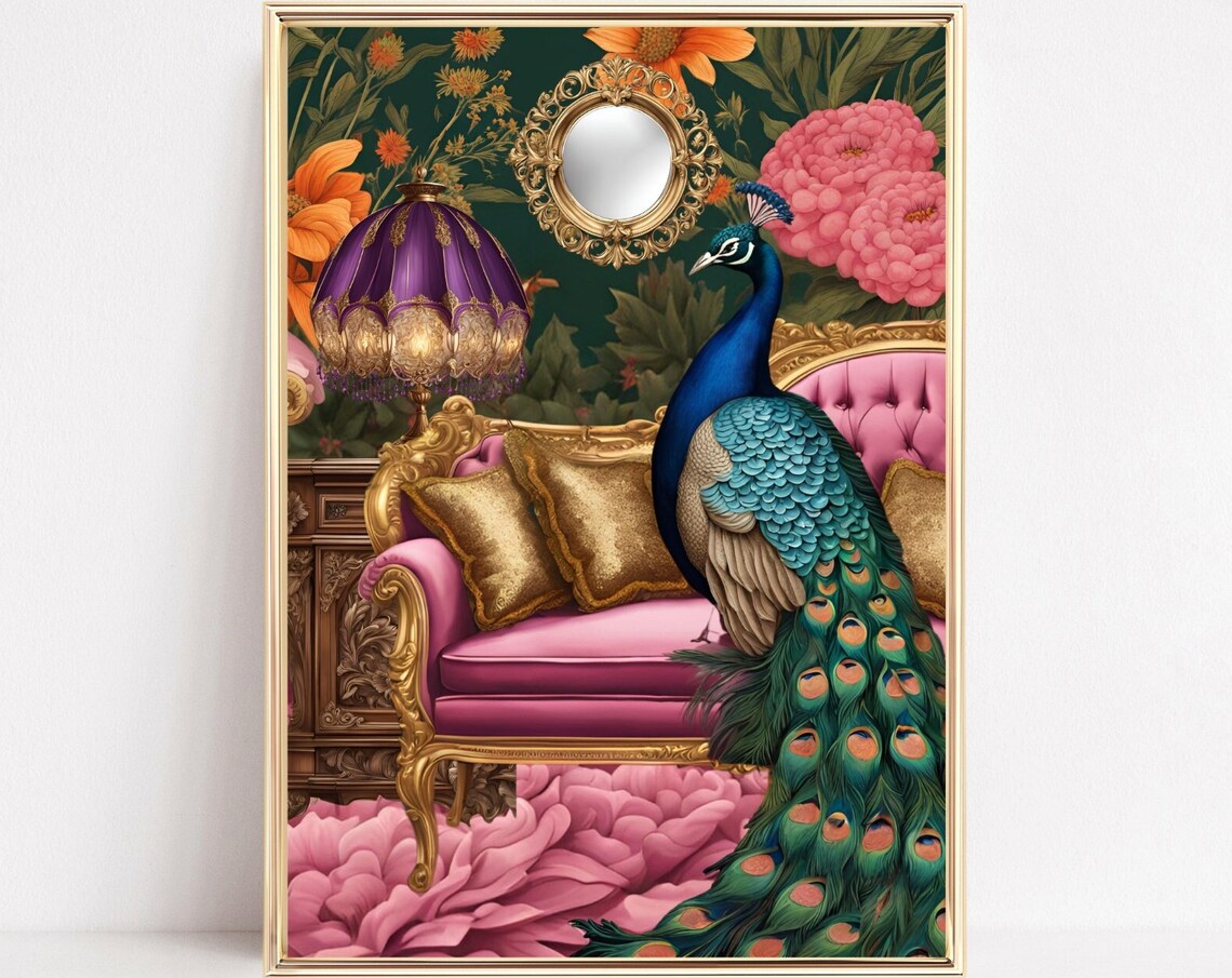 Peacock on a Luxury Sofa Art Print, Maximalist Decor