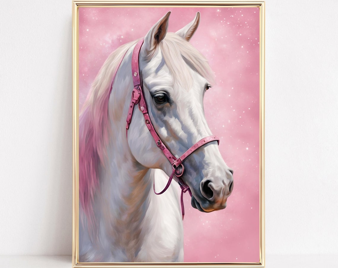 White Horse With Pink Bridle On Sparkling Pink Background Poster