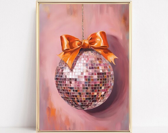 Pink And Orange Coquette Disco Ball Art Trendy Disco Ball With Bows Preppy Wall Art Disco Ball Painting Y2k Dopamine Decor