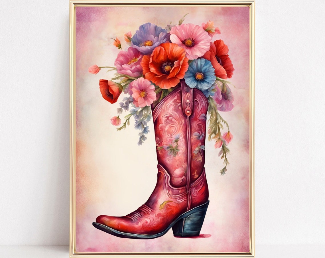 Coastal Cowgirl Floral Boots Print Coastal Cowgirl Posters Cowboy Boots Western Wall Art Pink Cowgirl Boots Preppy Dorm Decor Prints