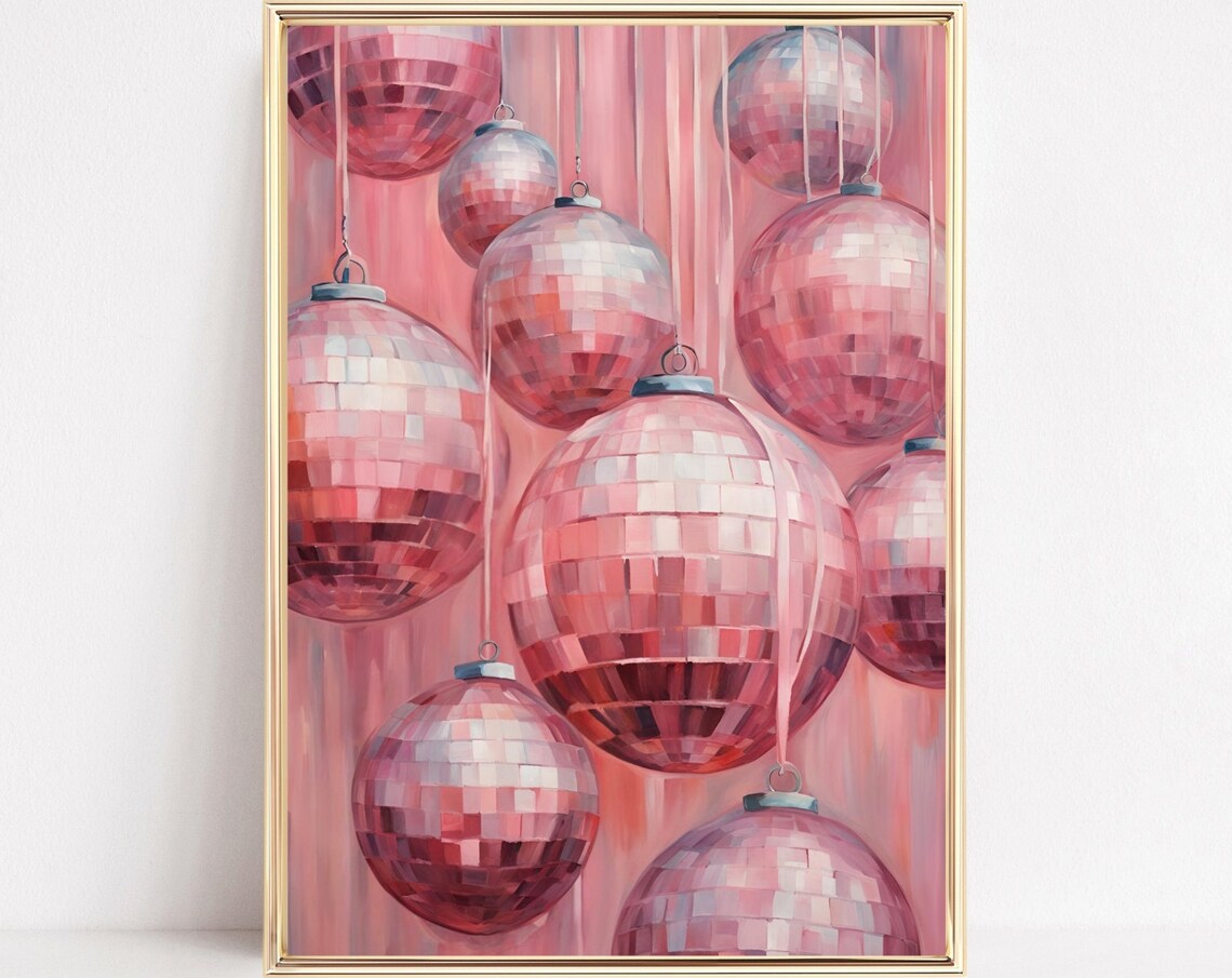 Hanging Pink Disco Ball Ornaments On Blush Painterly Background Poster
