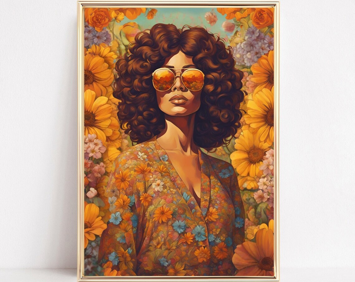 Retro Woman With Curly Hair And Aviators In Sunflowers Poster