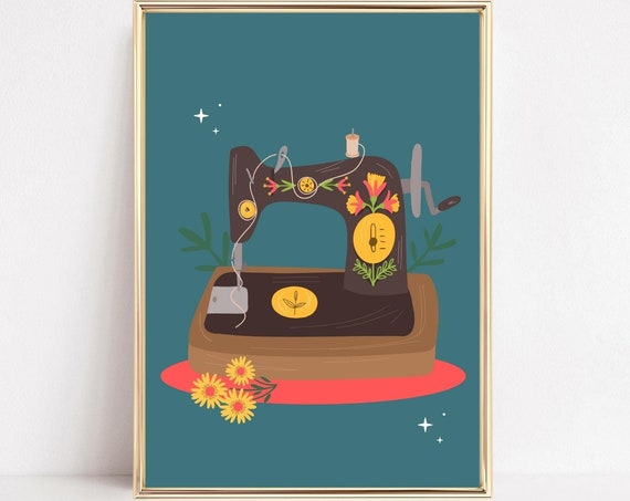Retro Sewing Machine Art Print, Vintage Boho Decor