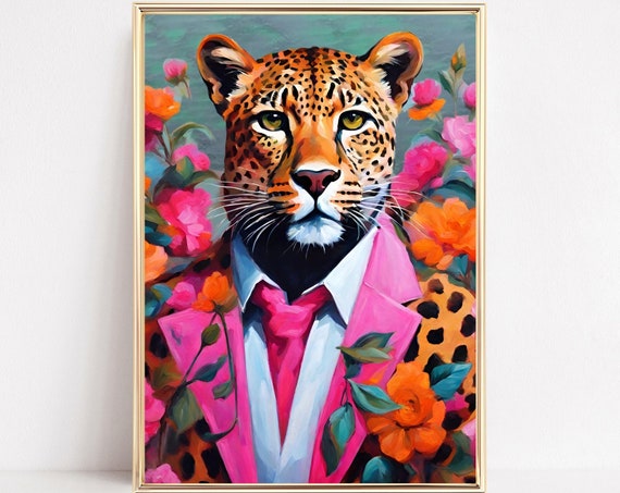 Botanical Leopard Art Print, Funky Animal Portrait