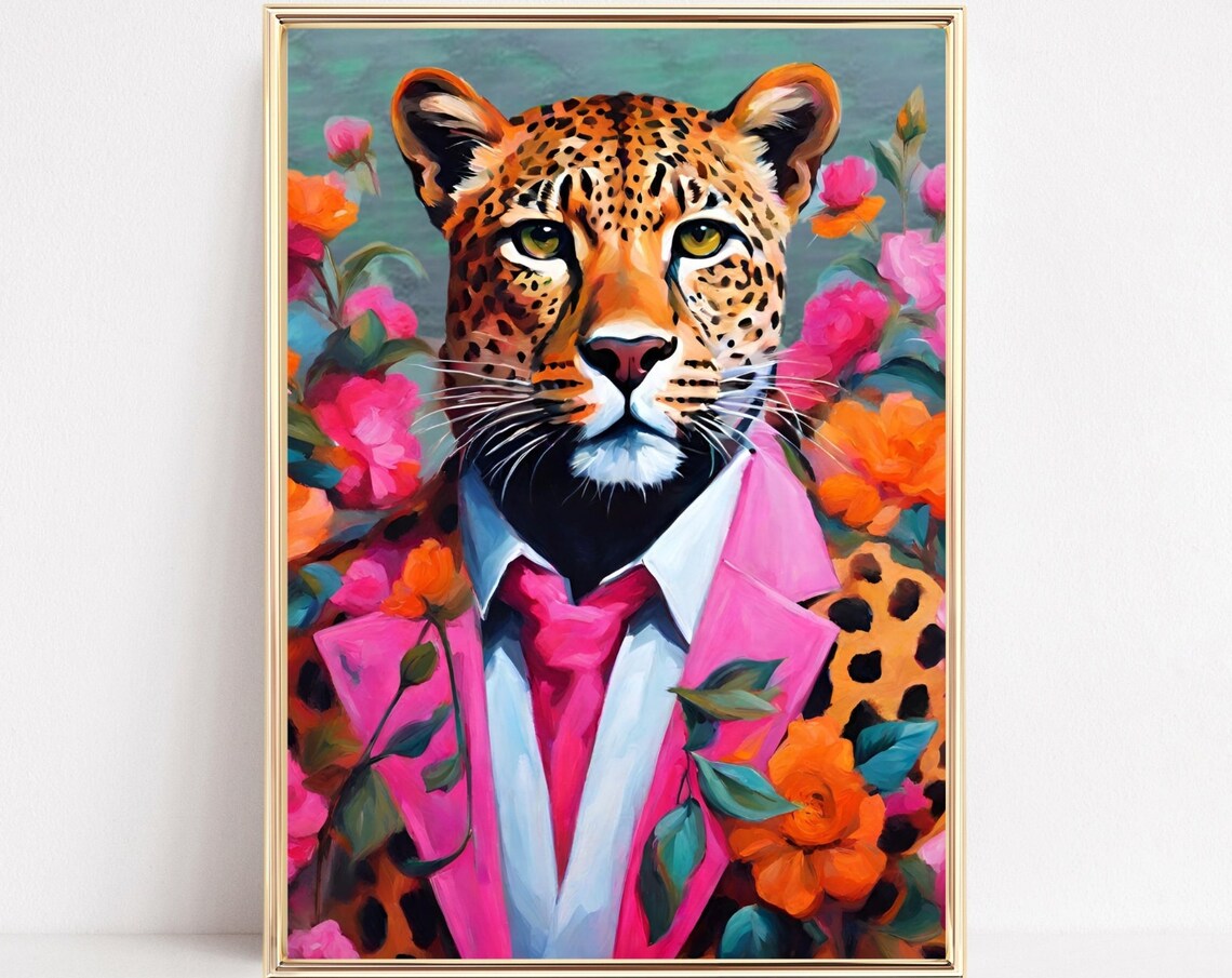 Botanical Leopard Art Print, Funky Animal Portrait