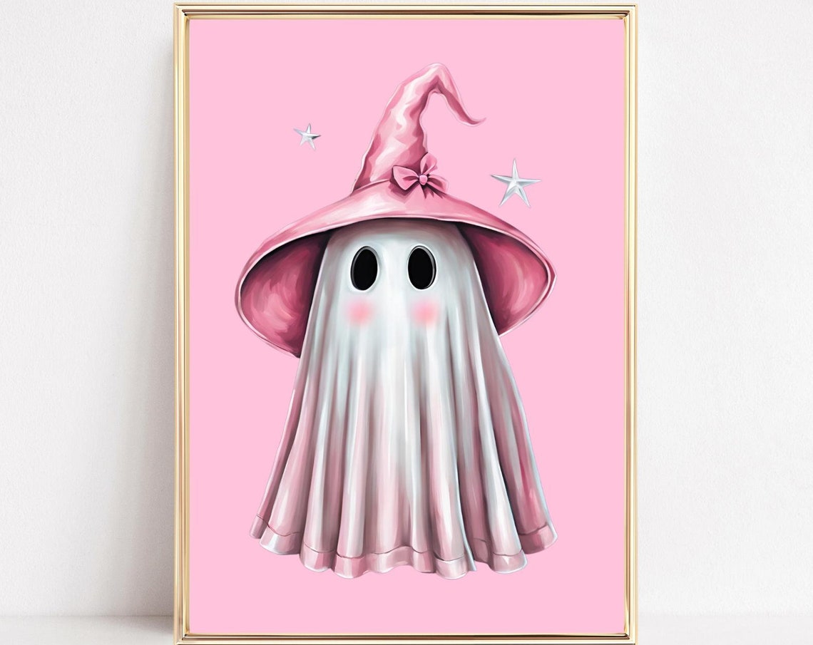 Cute Ghost Pink Witch Hat Stars Halloween Pastel Wall Poster