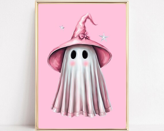 Cute Ghost Pink Witch Hat Stars Halloween Pastel Wall Poster
