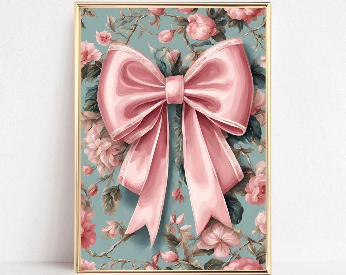 Elegant Pink Satin Bow On Teal Floral Chintz Background Poster