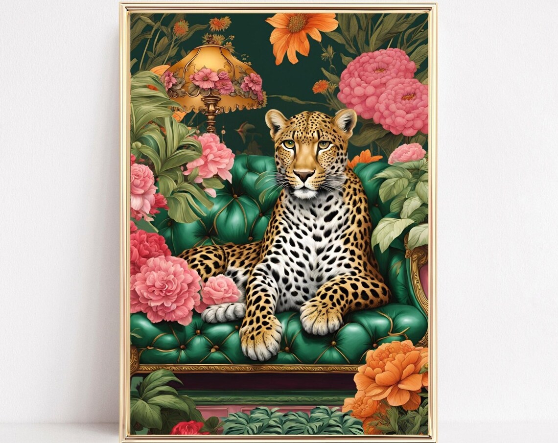 Leopard Lounging On A Sofa Art Print, Maximalist Decor