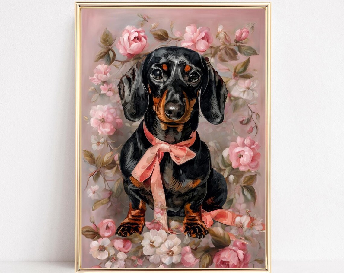 Dachshund Poster, Pink Preppy Girly Room Decor