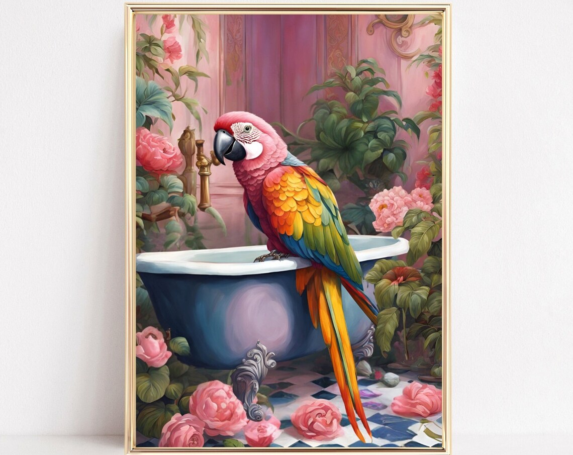 Macaw Parrot Blue Bathtub Pink Tropical Bathroom Bird Poster