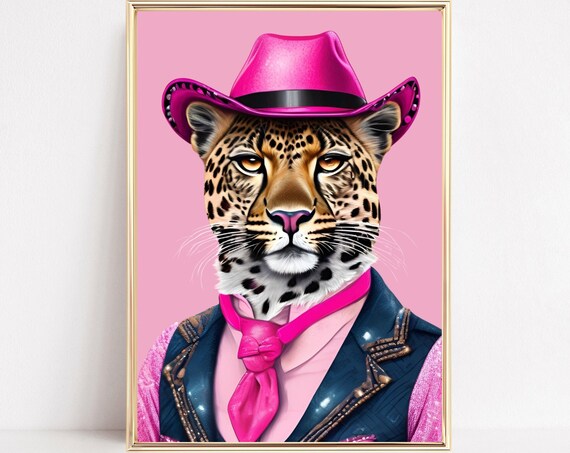 Leopard Cowboy In Pink Hat And Shirt Retro Western Portrait Poster