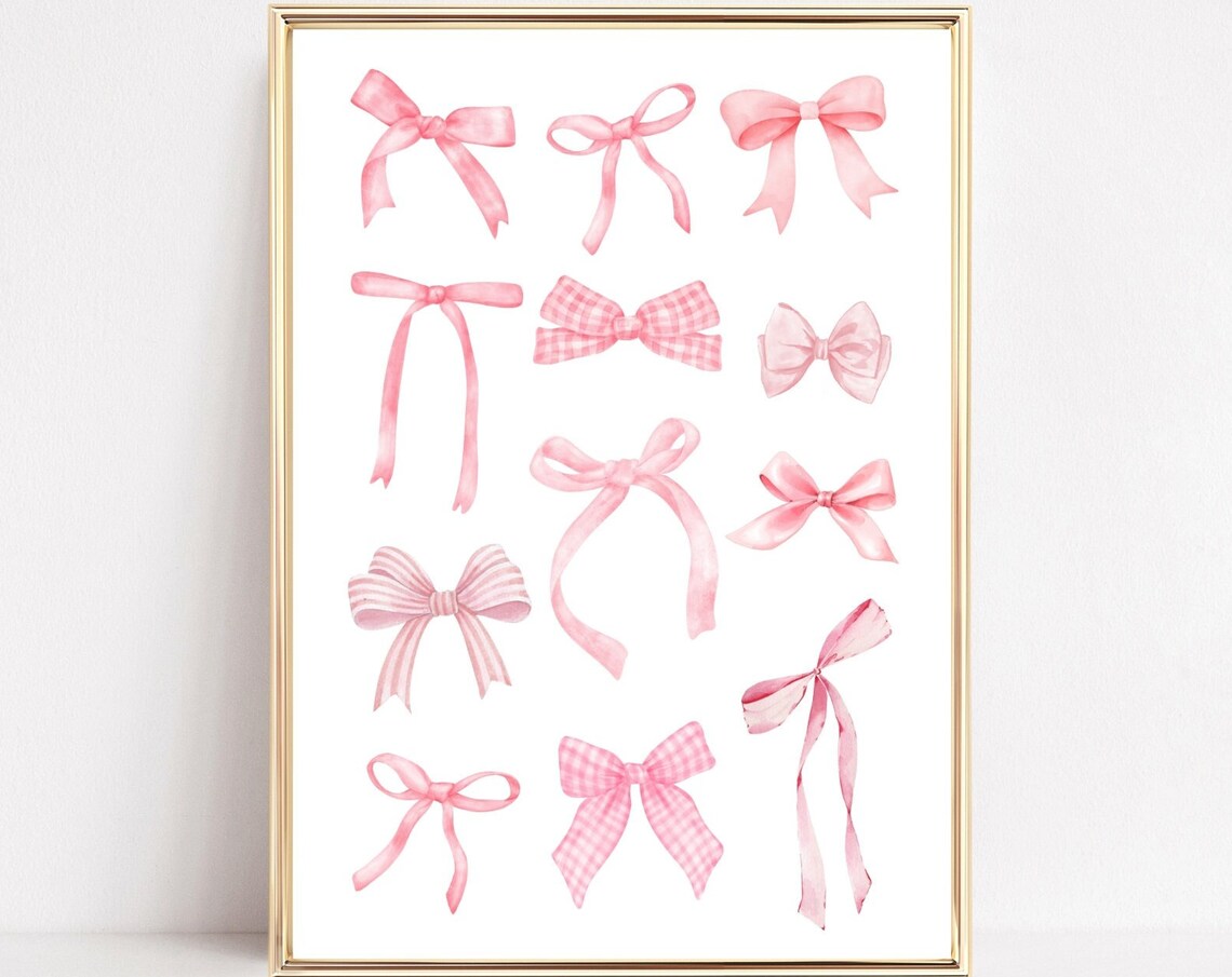 Pink Watercolor Bow Collection Dozen Girly Ribbon Wall Poster