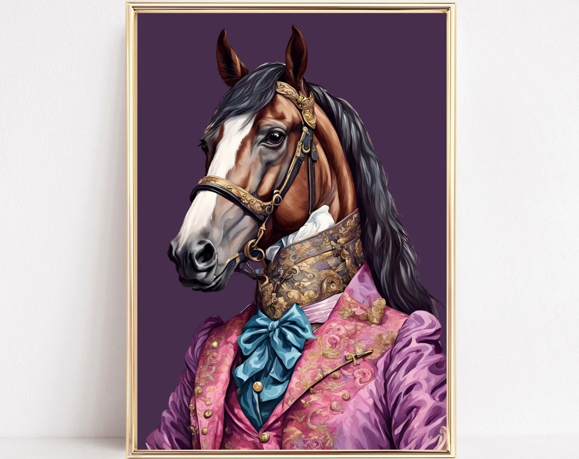 Renaissance Fashion Horse Animal Portrait Print Victorian Horse Painting Maximalist Eclectic Fashionista Poster Quirky Altered Animal Art