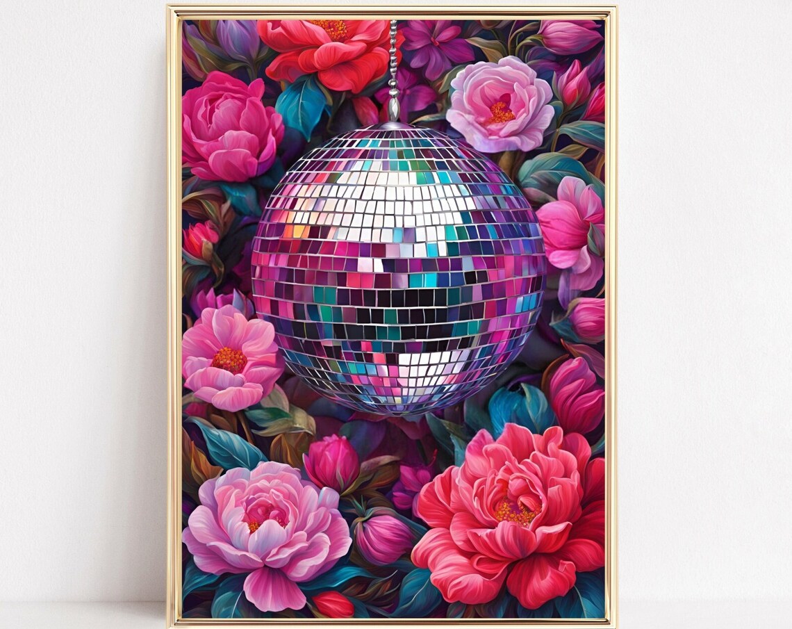 Sparkling Disco Ball Hanging Among Pink Peony Flowers Poster