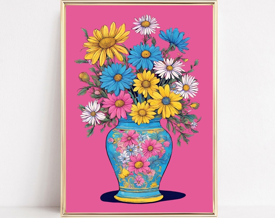 Colorful Daisy Bouquet Blue Vase Magenta Background Art Poster