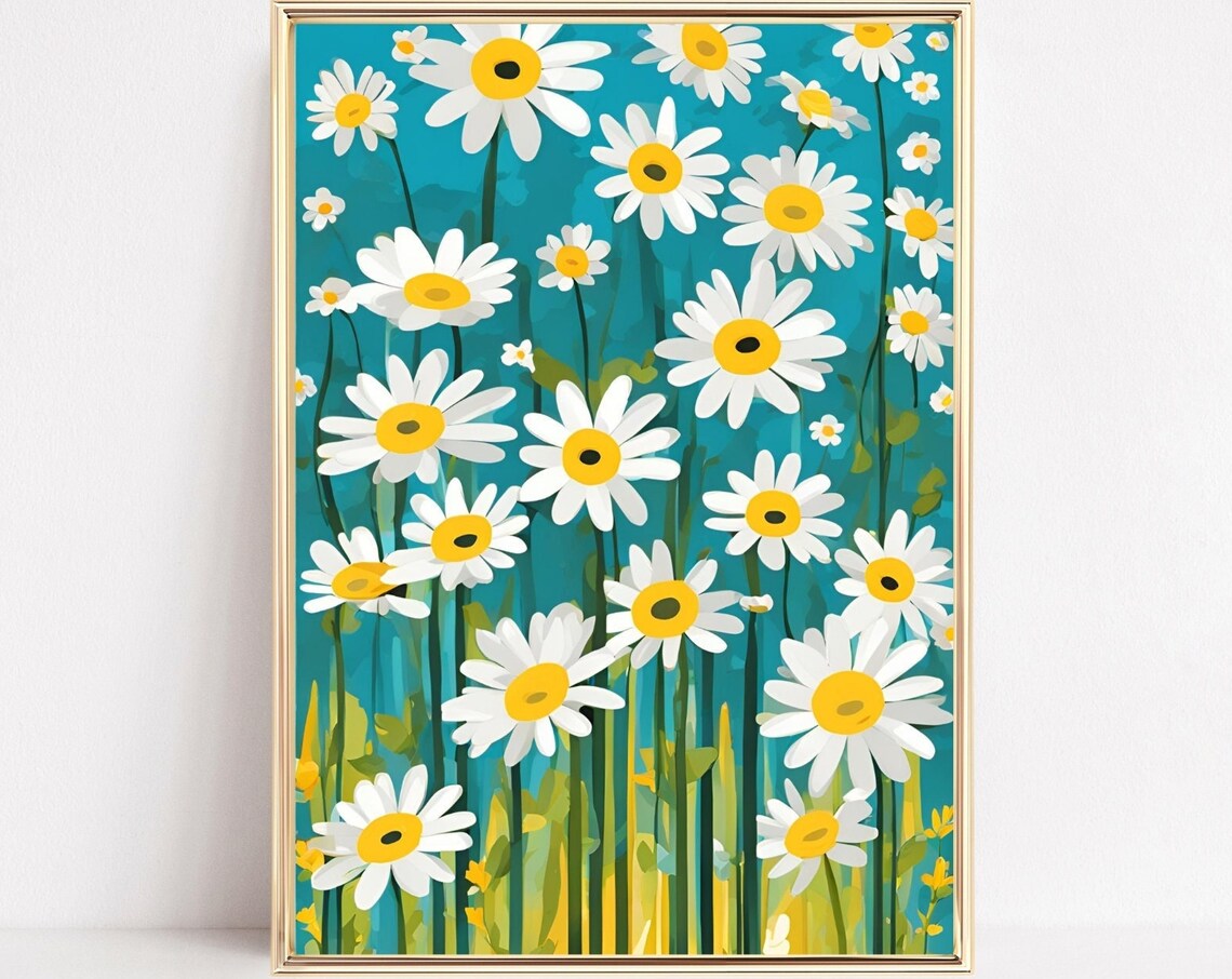 White Daisy Meadow Teal Background Cheerful Floral Pattern Poster