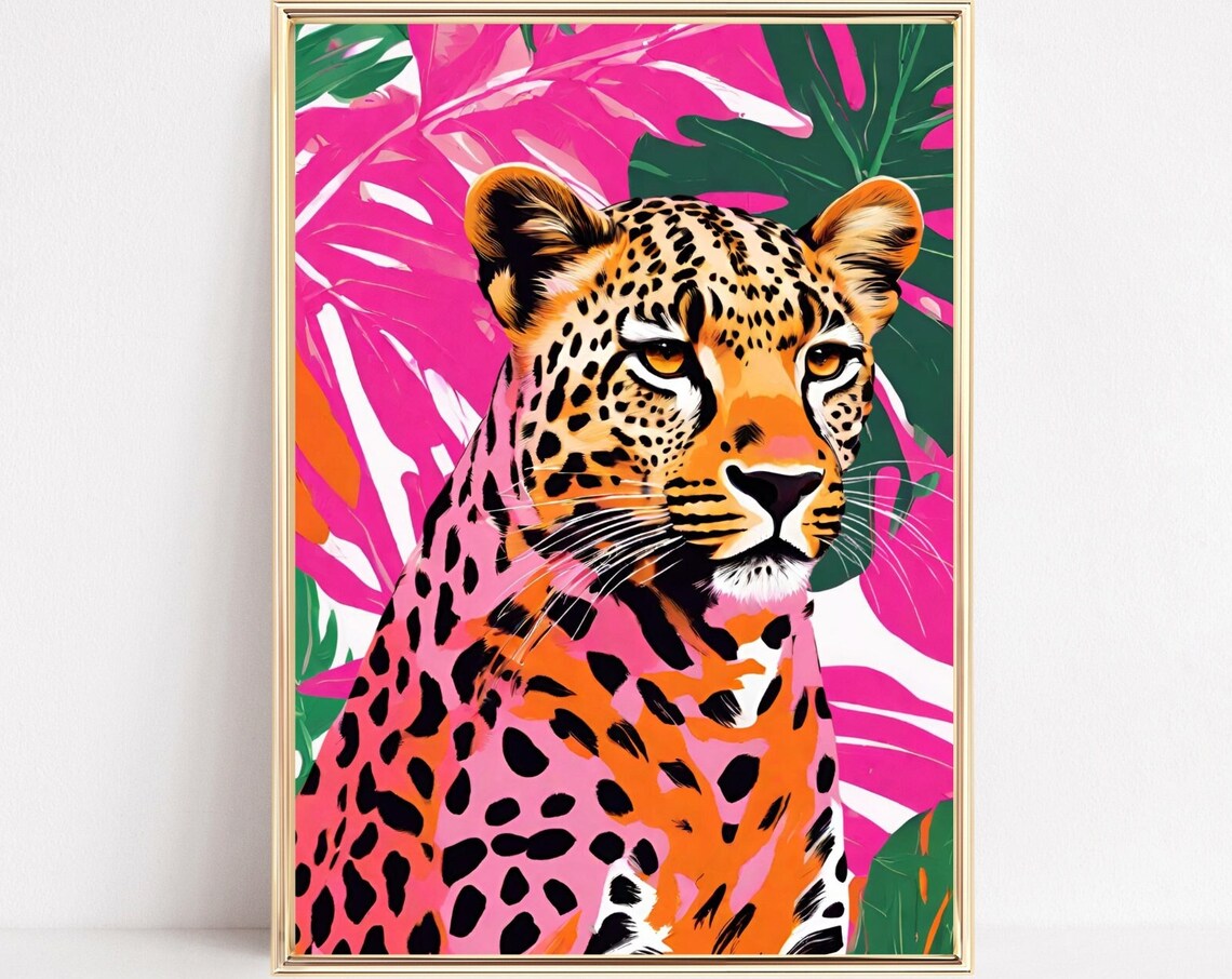 Neon Pink Leopard Portrait Art Tropical Leaf Jungle Feline Print