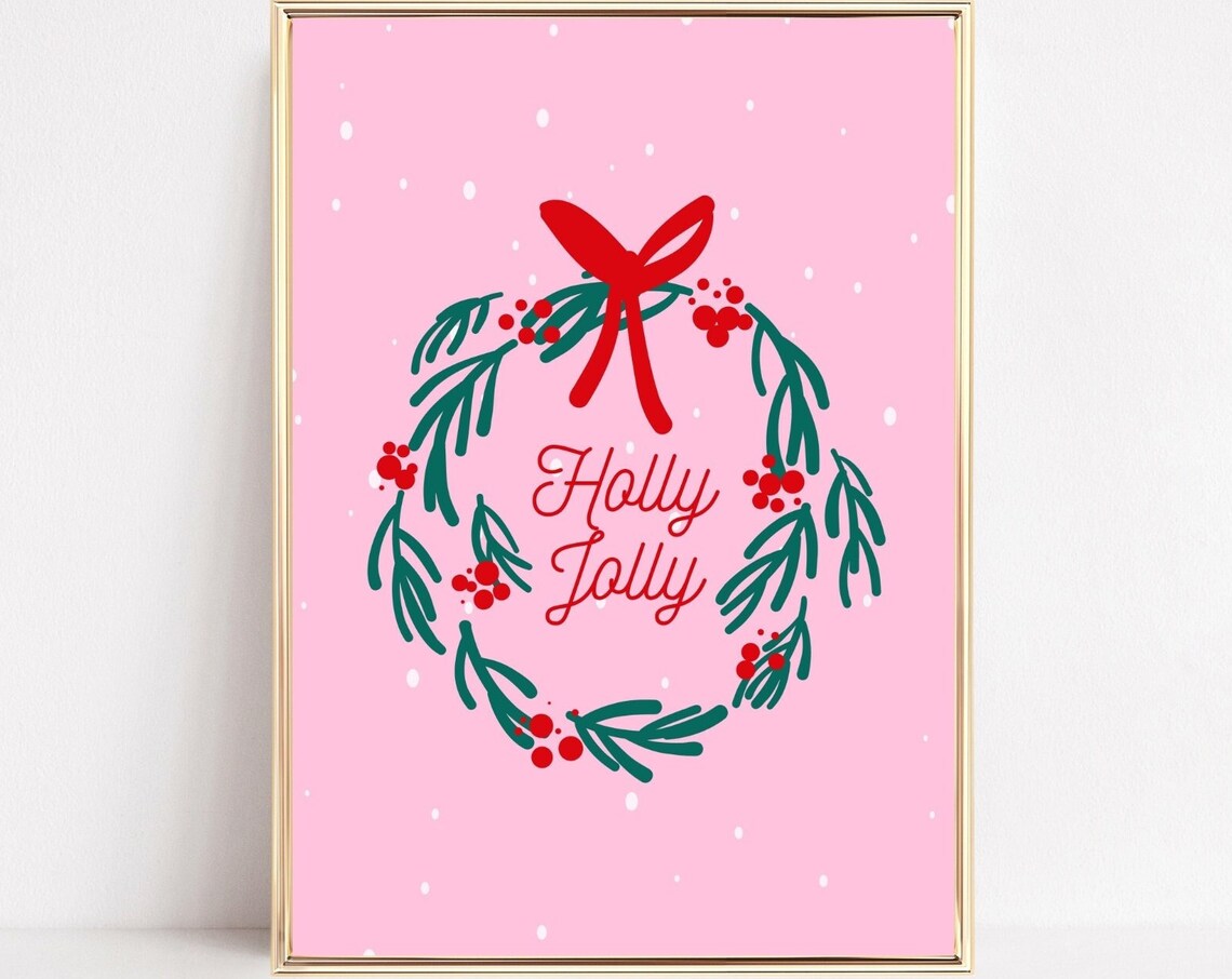Holly Jolly Wreath Pink Christmas Berry Garland Festive Art Poster