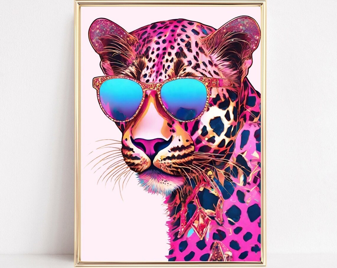 Neon Pink Leopard Blue Mirror Sunglasses Bold Pop Art Wall Poster