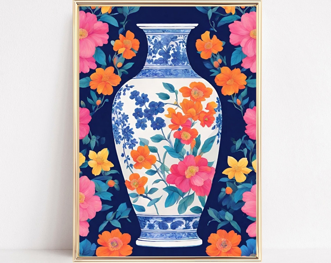 Blue Chinoiserie Vase Floral Art Navy Botanical Blossom Print