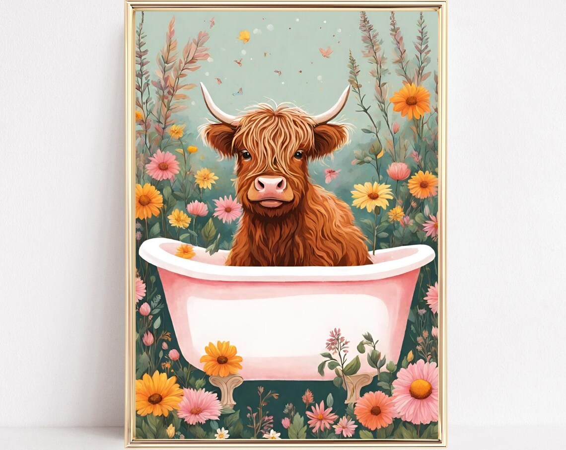 Highland Cow in Pink Bathtub Wildflower Meadow Funny Art Poster