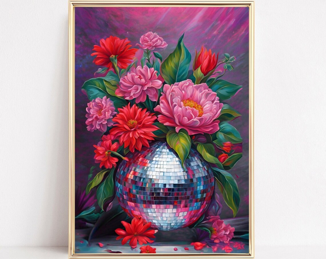 Red And Pink Flowers Arranged Around Mirrored Disco Ball Poster