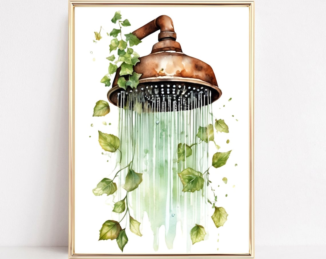 Copper Shower Head Ivy Leaves Rustic Watercolor Bathroom Art Poster