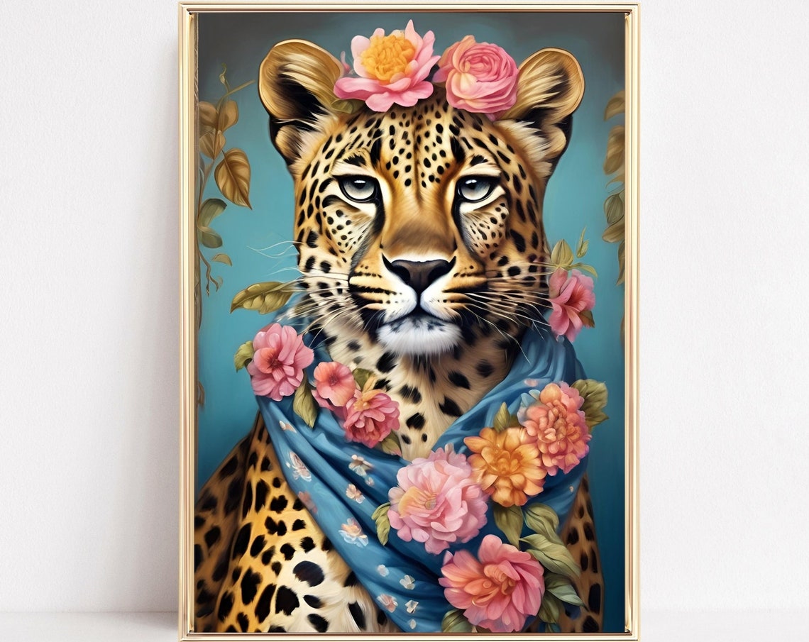 Leopard Wearing Flower Crown And Floral Scarf On Teal Poster