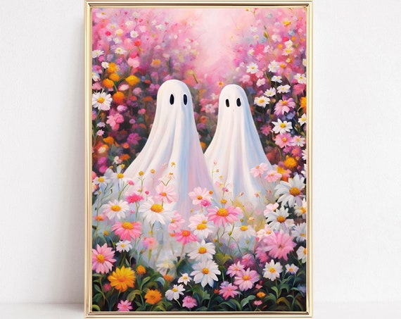 Flowers And Ghosts Art Print Botanical Wildflowers Ghost Floral Wall Art Cute Floral Ghost Print Pink Ghost Painting Cottagecore Aesthetic
