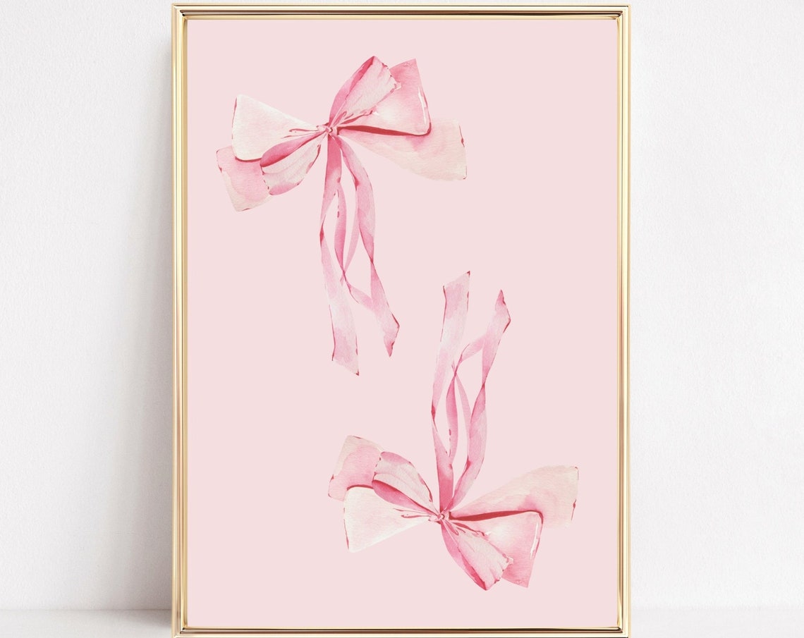 Pink Bow Wall Art Print Coquette Art Grandmillennial Wall Aesthetic Girls Pastel Pink Hair Bow Watercolor Picture Print
