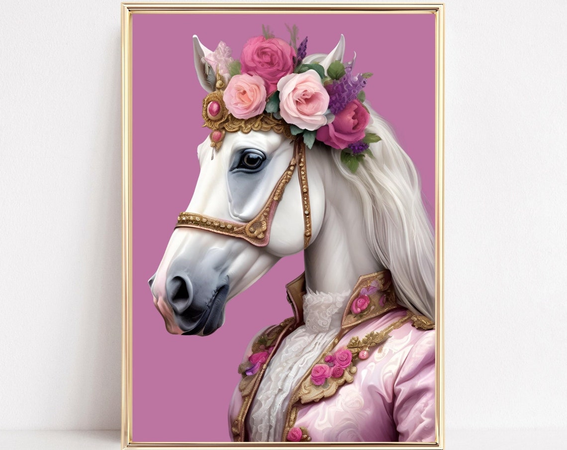 Renaissance Fashion Animal Portrait Print Victorian Horse Painting Maximalist Eclectic Fashionista Horse Poster Quirky Altered Animal Art