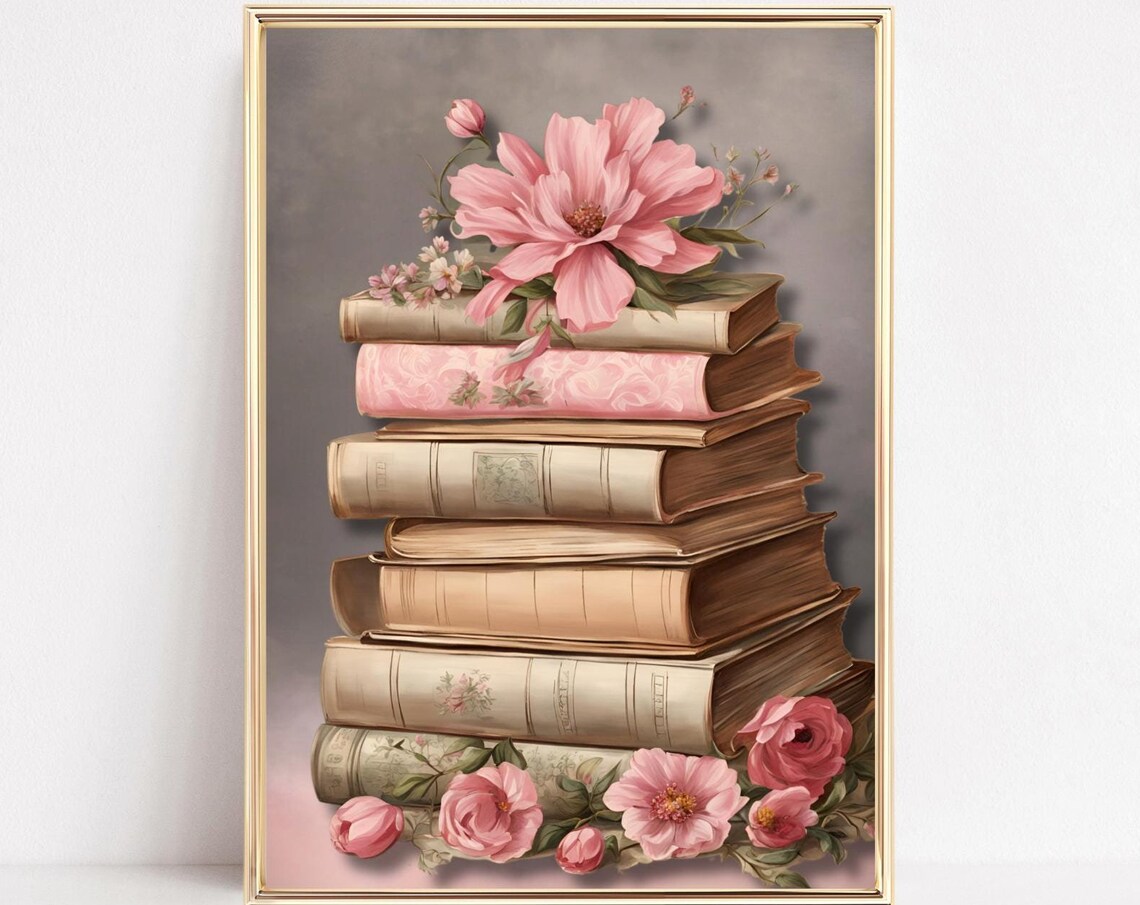 Tall Stack Of Vintage Books Topped With Pink Flowers Art Poster