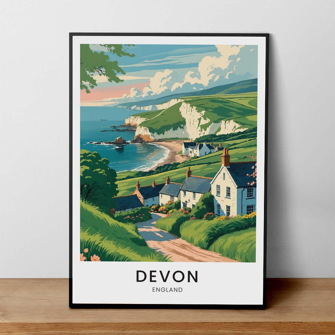 Devon England Coastal Village White Cliffs Vintage Travel Poster
