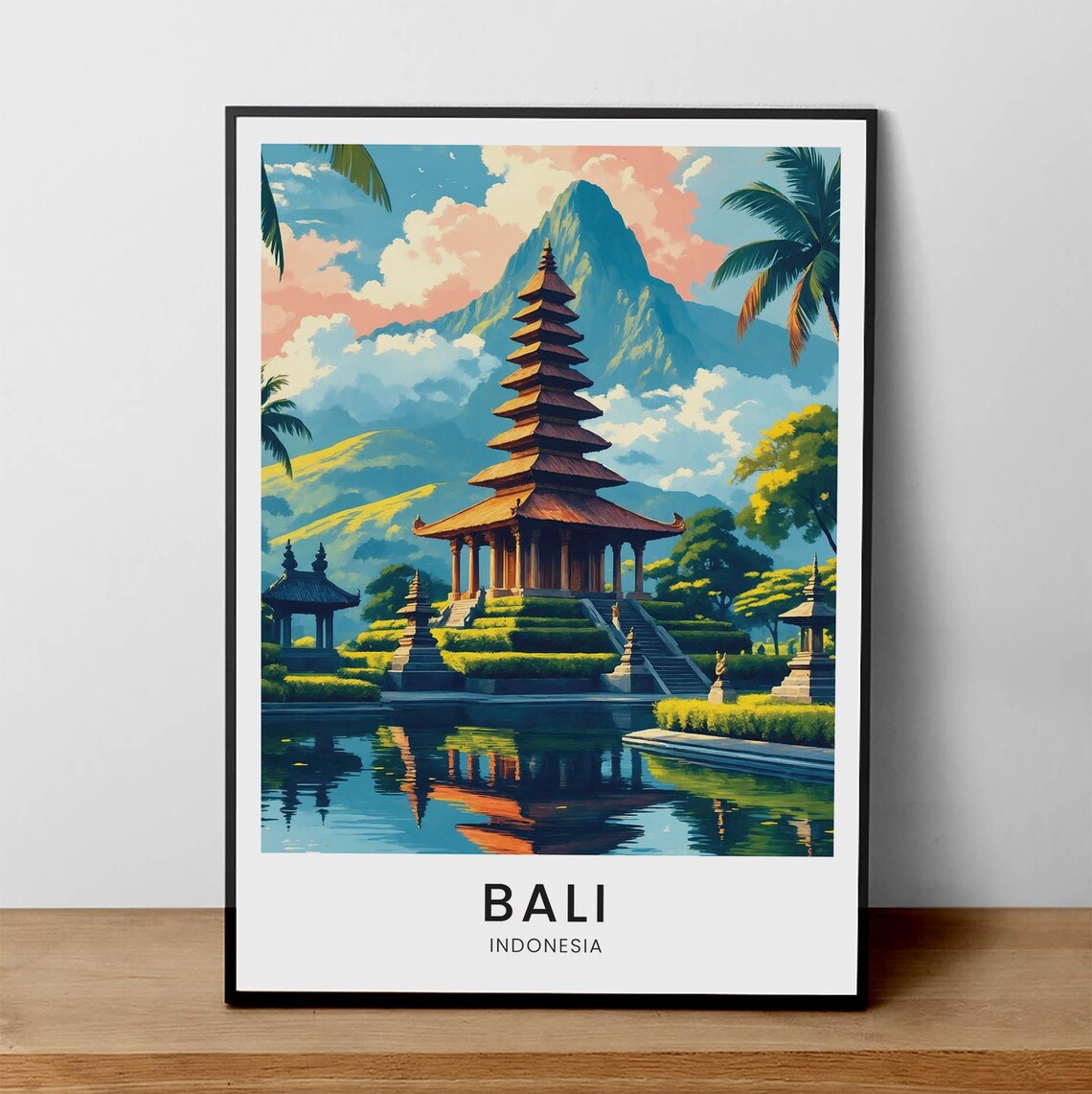 Bali Indonesia Temple Lake Volcano Palm Trees Tropical Travel Poster