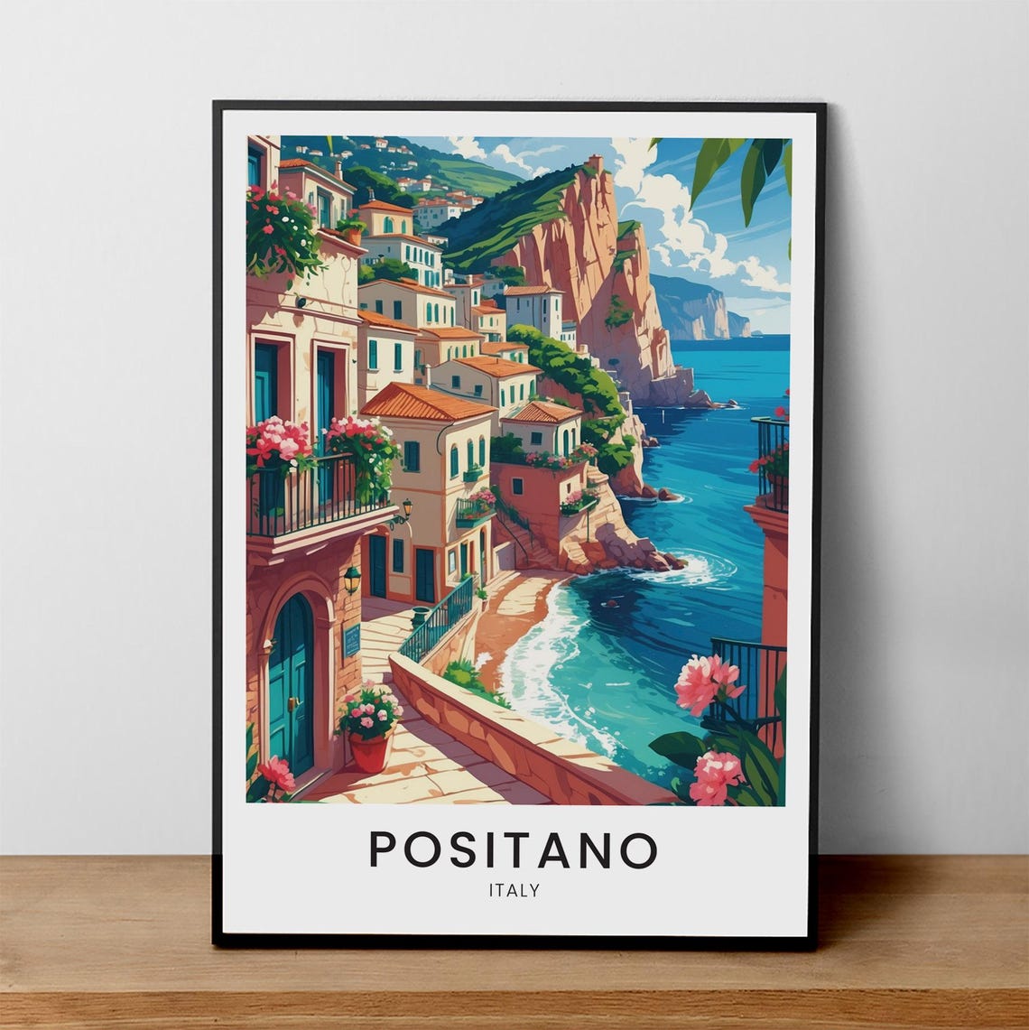 Positano Italy Travel Print Amalfi Coast Illustration