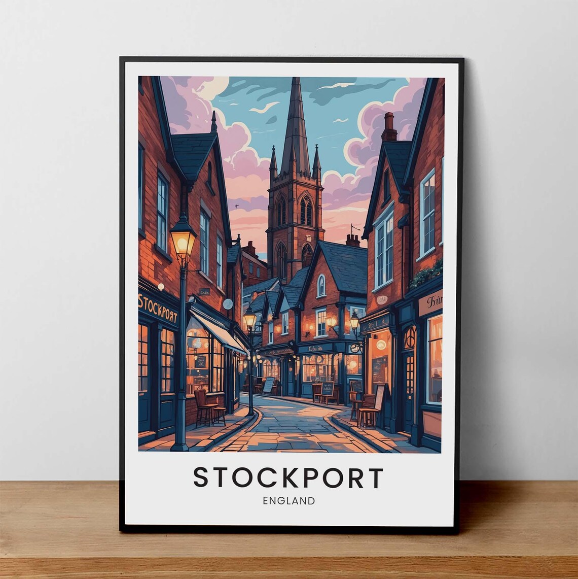 Stockport England Vintage Town Street Church Spire Dusk Travel Poster