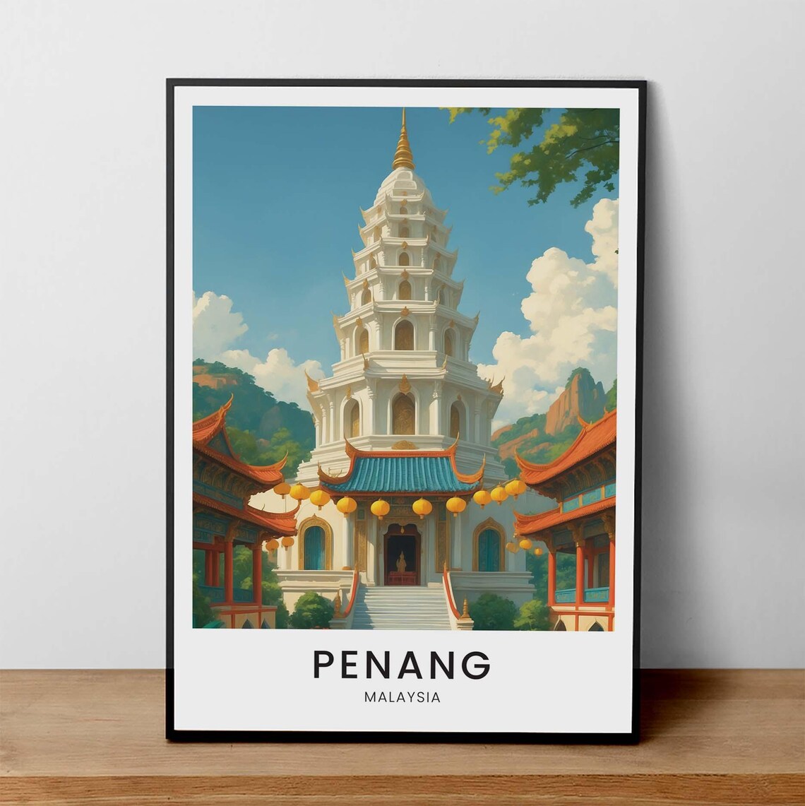 Penang Malaysia Kek Lok Si Temple Lanterns Vintage Travel Poster
