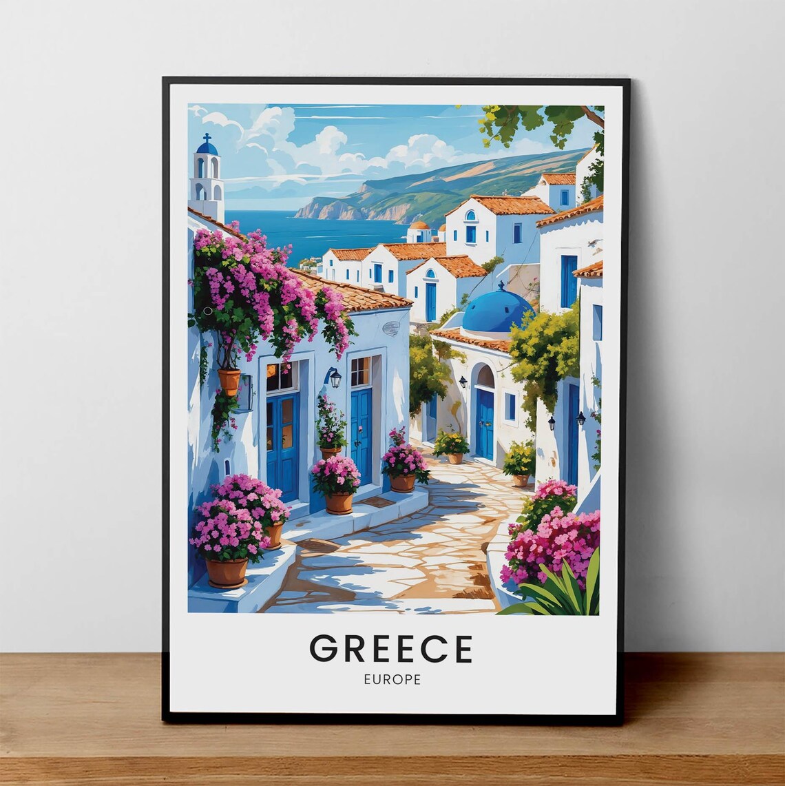 Santorini Style Greece White Village Bougainvillea Alley Poster