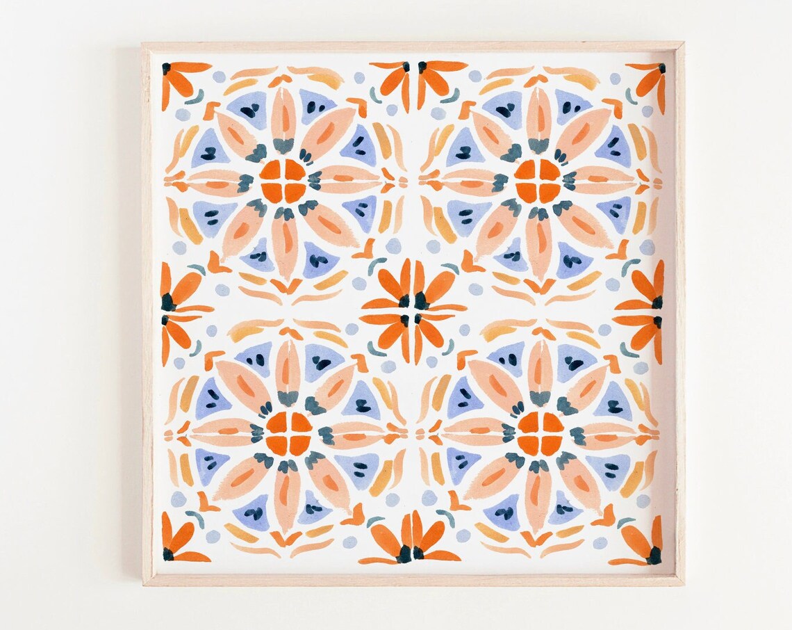 Square Tile Print, Red and Pink Pattern Art Print