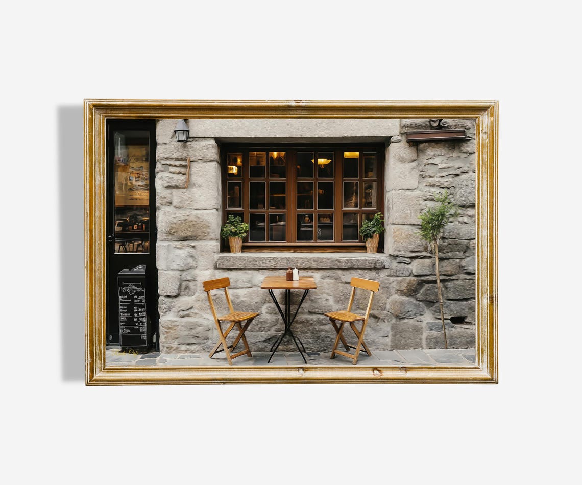 Rustic Stone Cafe Facade Bistro Chairs European Street Art Poster