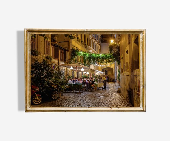 Rome Trastevere Night Street Outdoor Restaurant Lights Oil Painting Poster