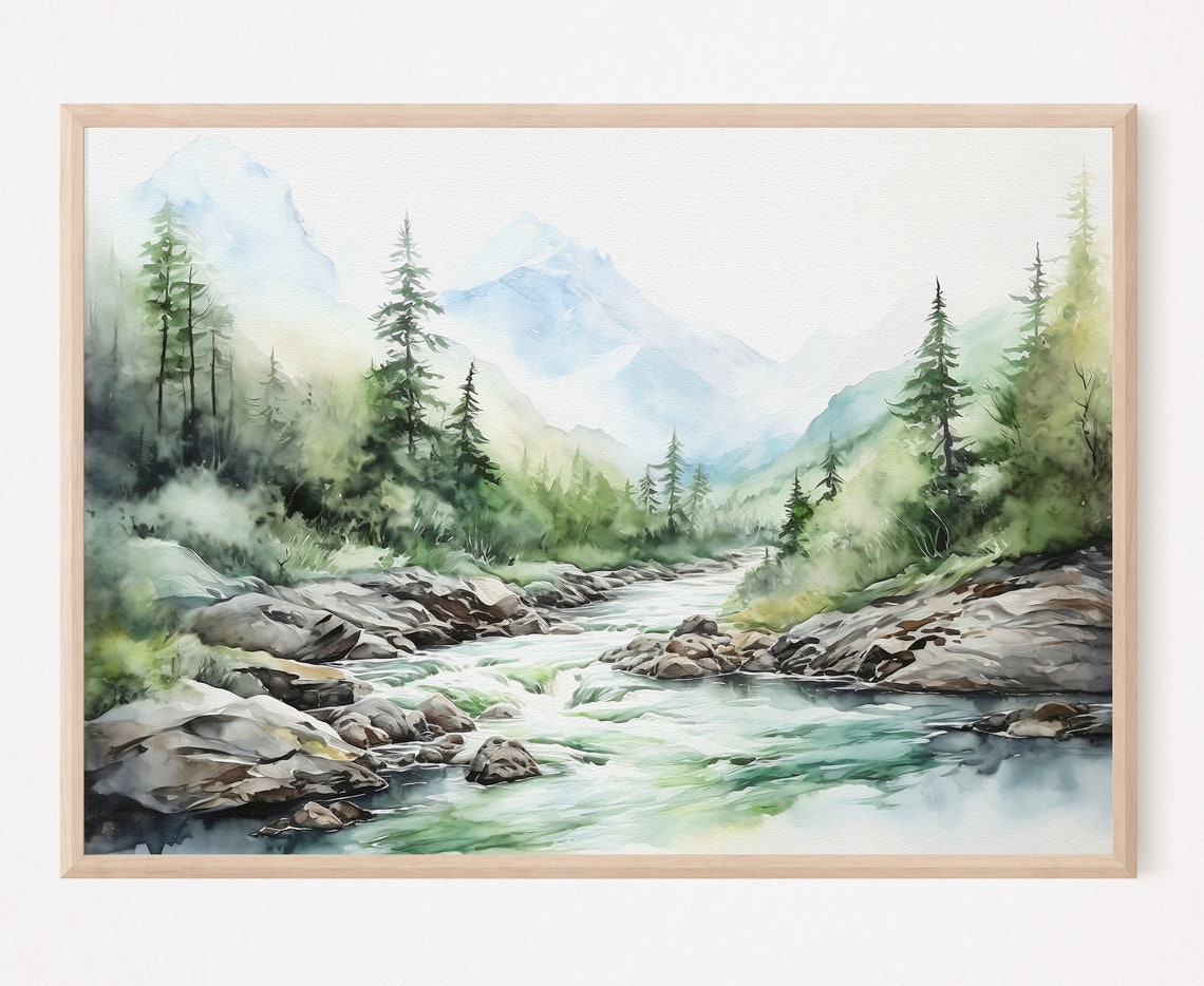 Misty Mountain Stream Forest Rocks Watercolor Scene Art Print