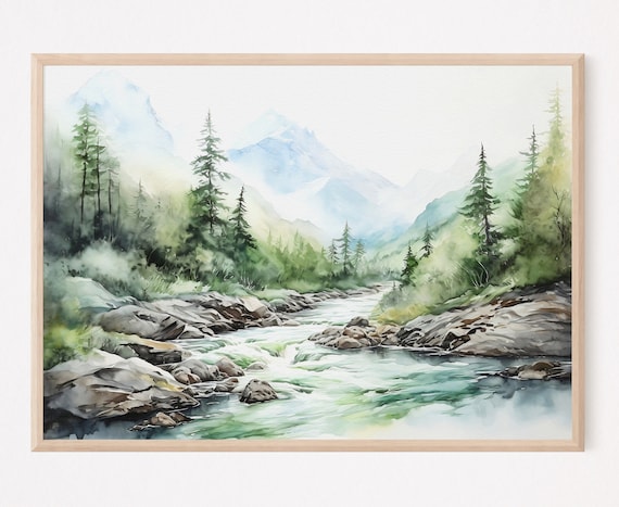 Misty Mountain Stream Forest Rocks Watercolor Scene Art Print