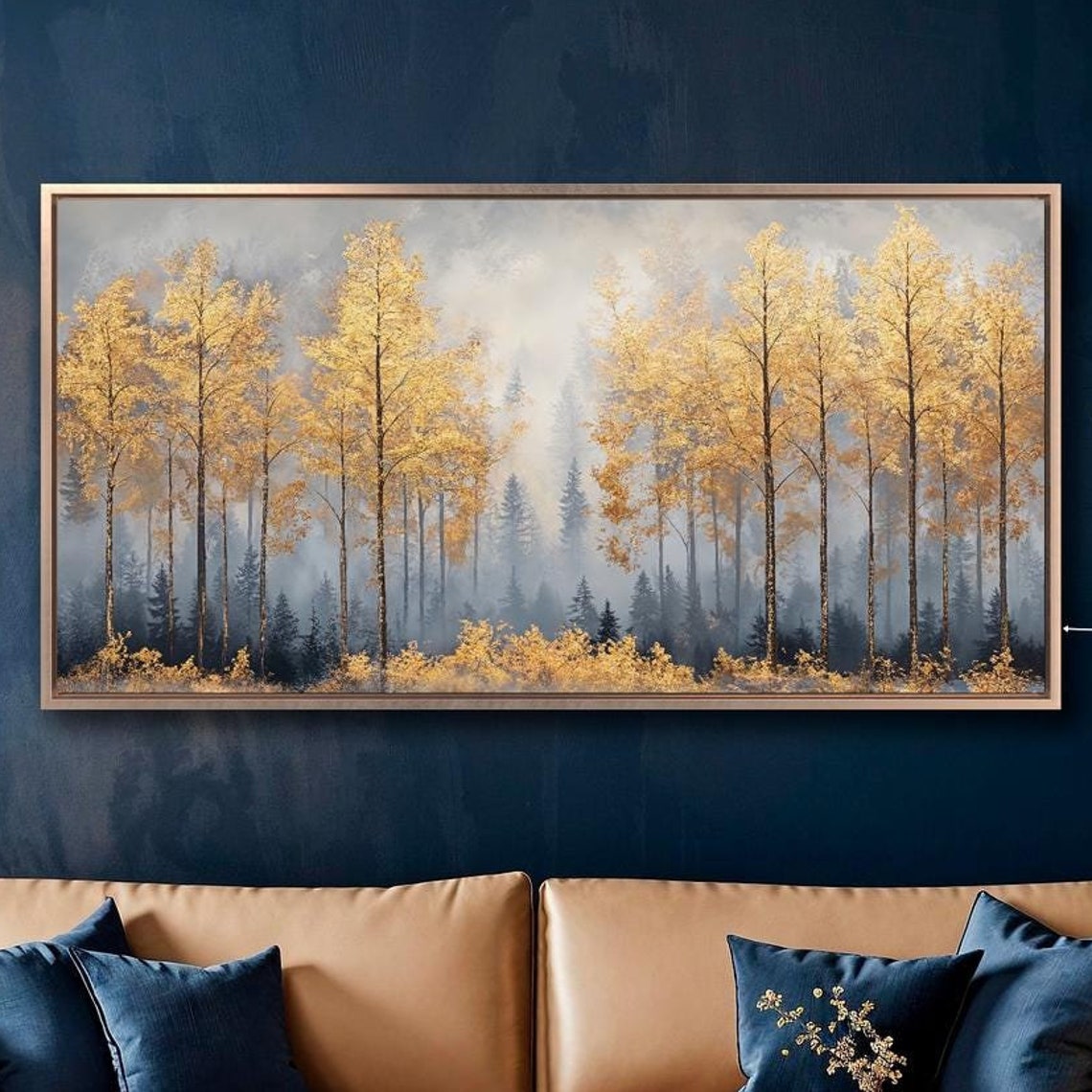 Golden Birch Forest In Night Mist Autumn Trees Landscape Wall Poster