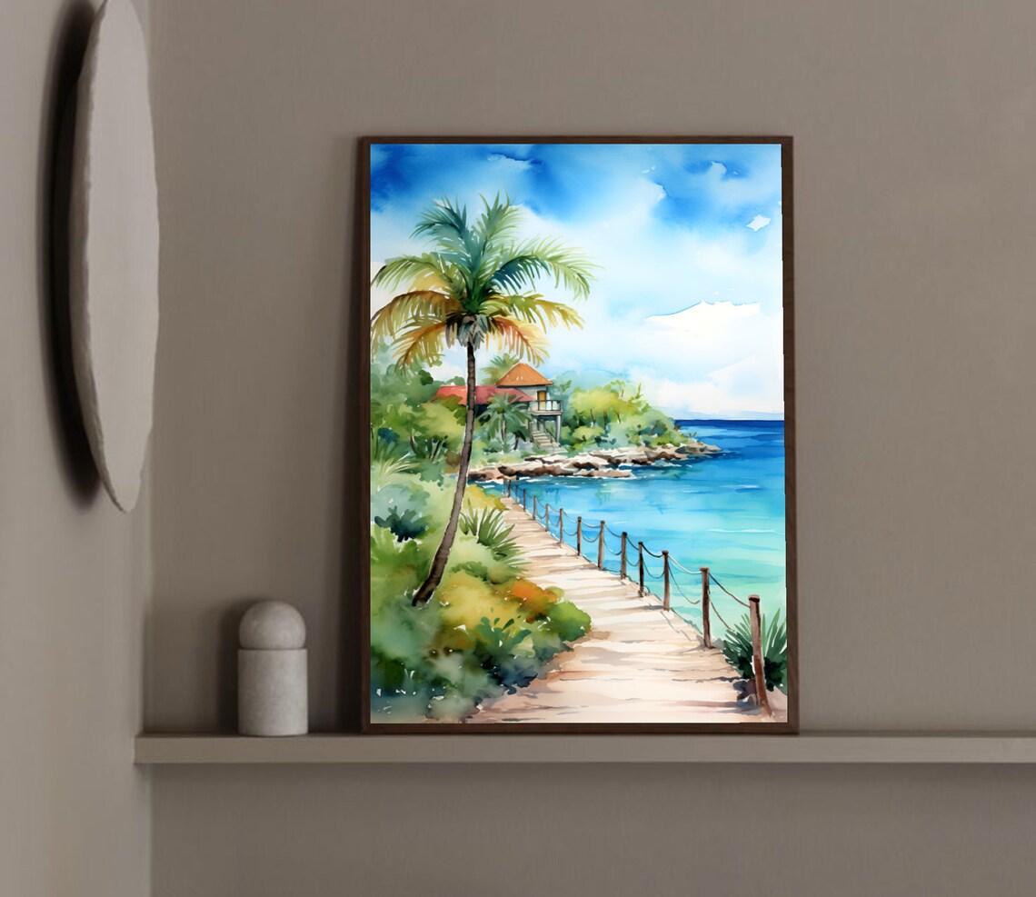 Isla Mujeres Beach Print Mexico Yucatan Watercolor Art Riviera Maya Poster Coastal Wall Art Tropical Seascape Painting Aesthetic Trendy Art - Image 3