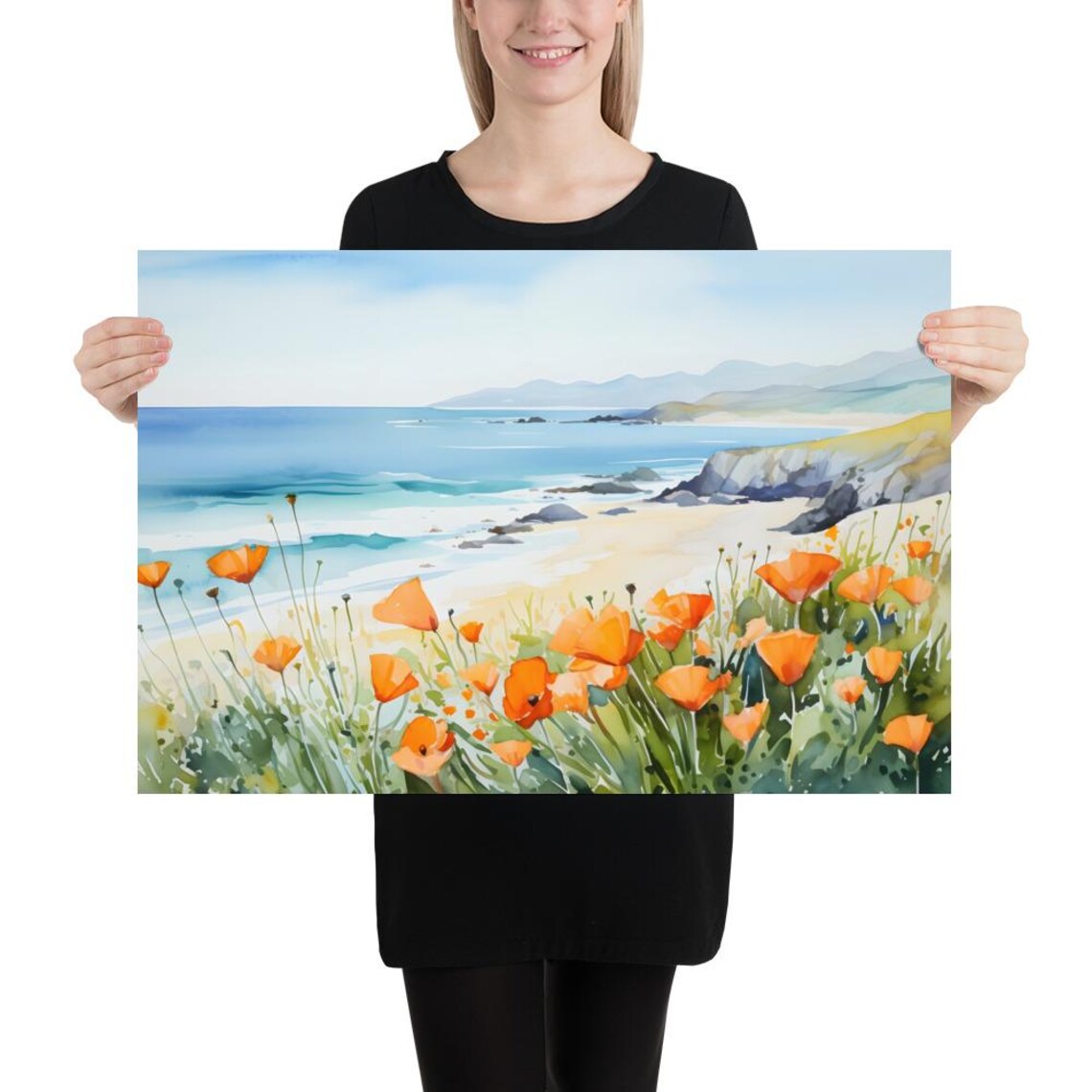Santa Catalina Island Coastal Poppies Ocean Watercolor Art Poster - Image 3