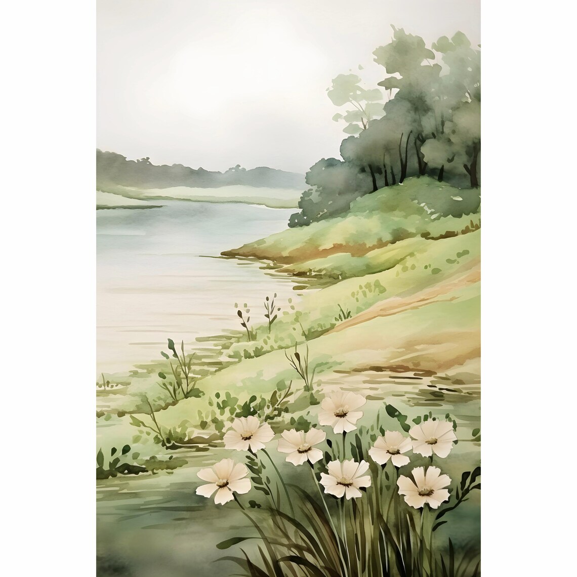 Watercolor Lake Painting Wildflowers Art Print Foggy Forest Artwork Floral Landscape Wall Art Nature Poster