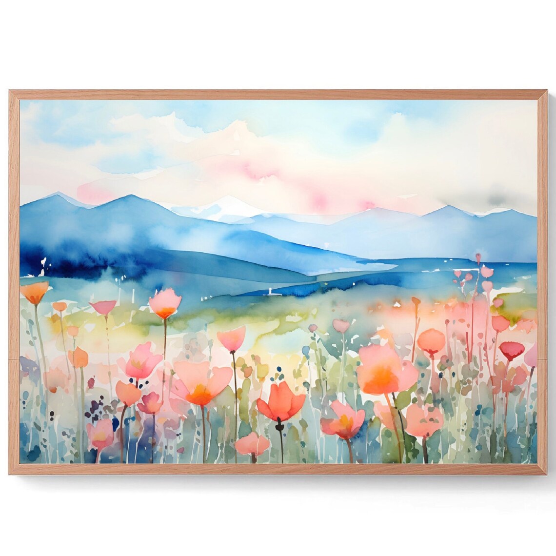 Wildflower Meadow Pink Poppies Blue Mountains Watercolor Art Poster